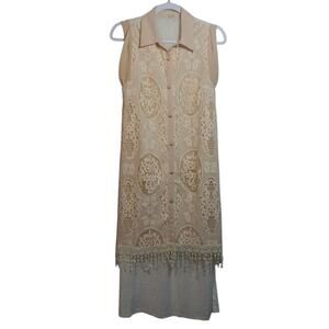 Ryu CottageCore Sleeveless Beige Lace Overlay Button Front Dress Beach Boho Sz S
